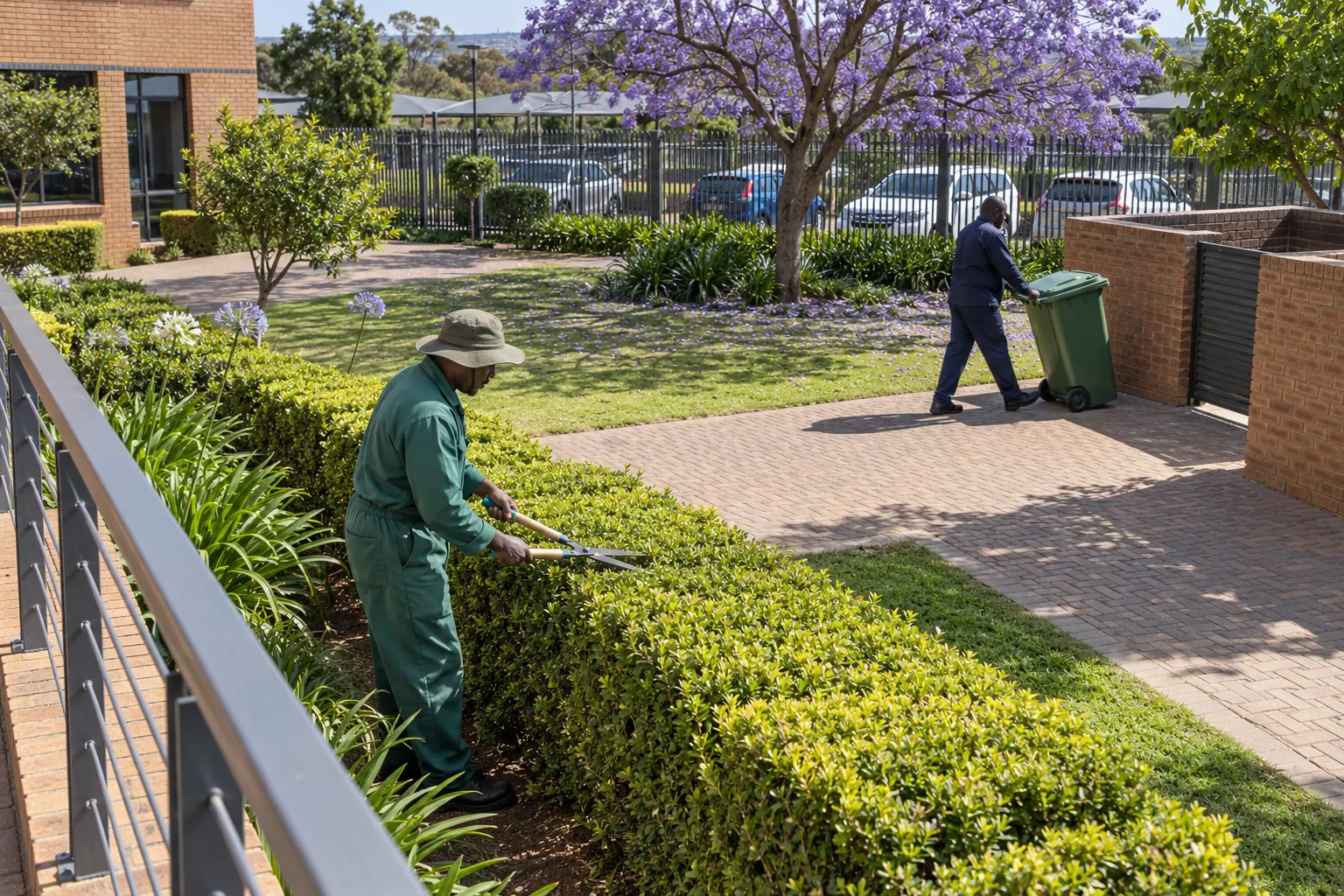 A gardener trimming a hedge and a general worker wheeling a refuse bin across the courtyard of an office park.
