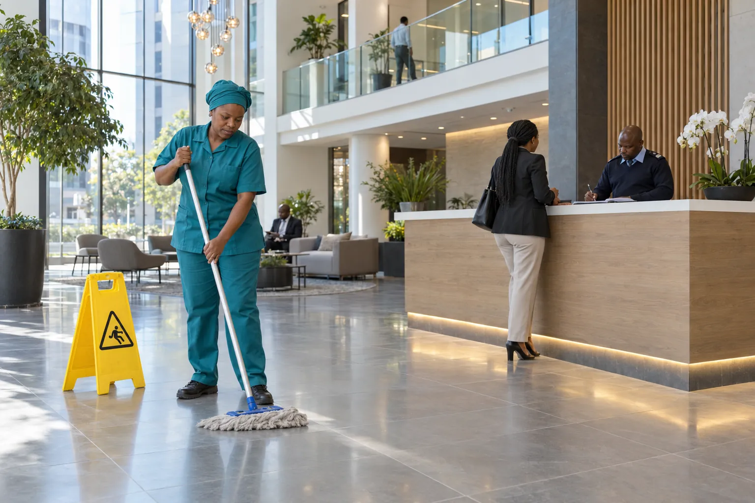 A cleaner mopping the atrium floor of an office building while a security officer writes in a register at the reception counter.