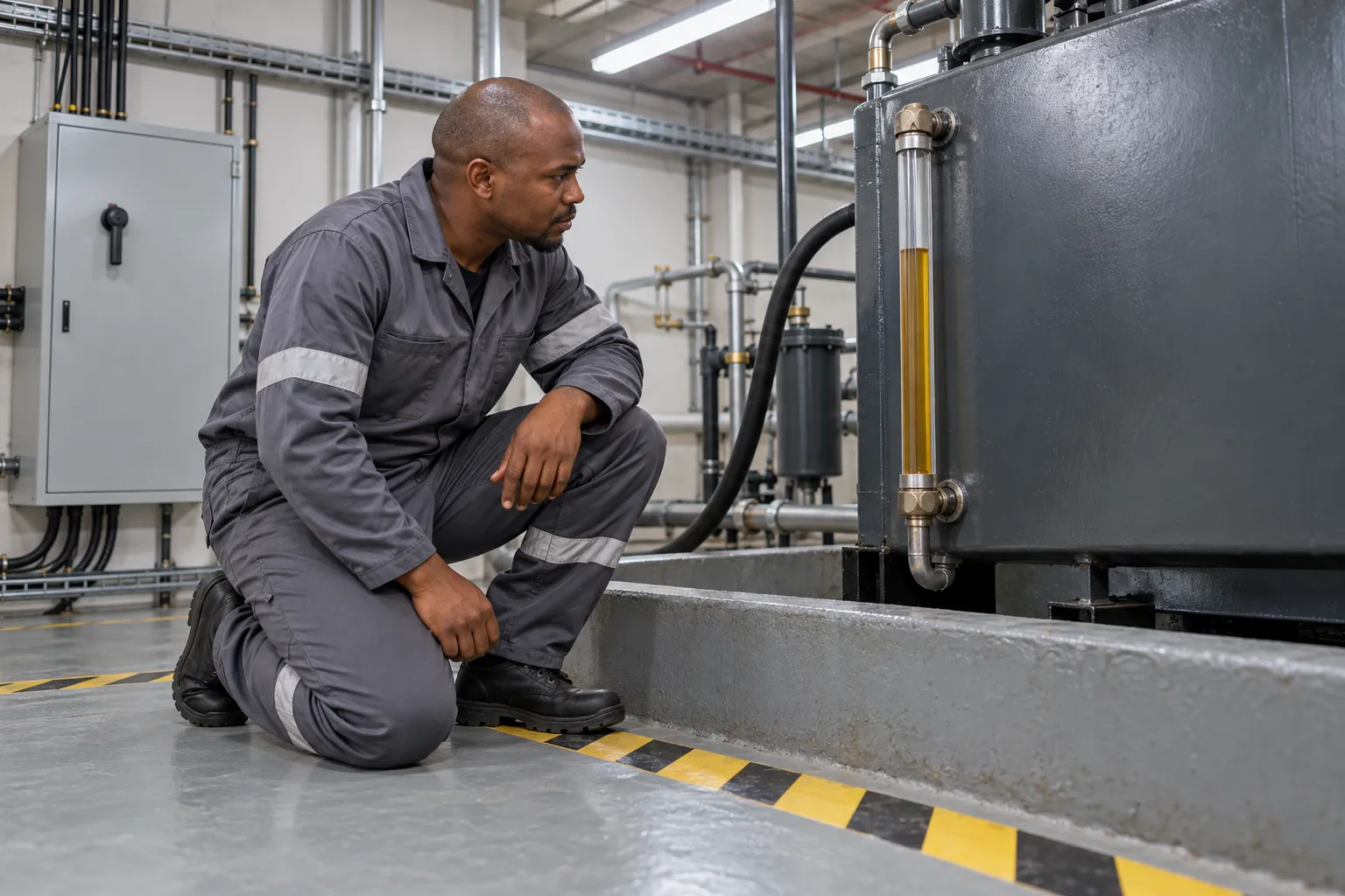 A technician kneeling in a basement plant room to read the fuel gauge on a diesel day tank.