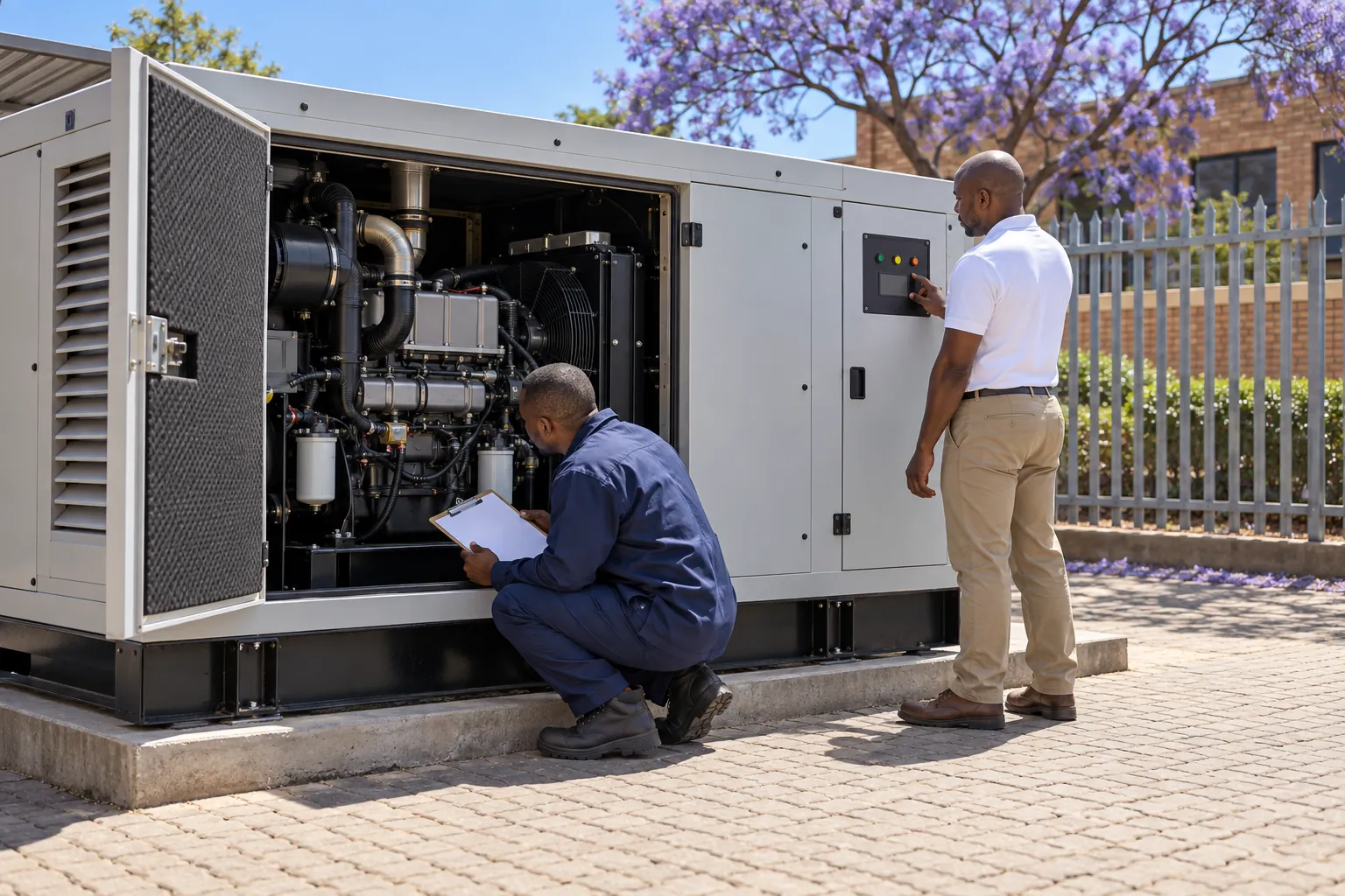 A caretaker and a facilities officer checking a standby generator in the service yard of an office park.