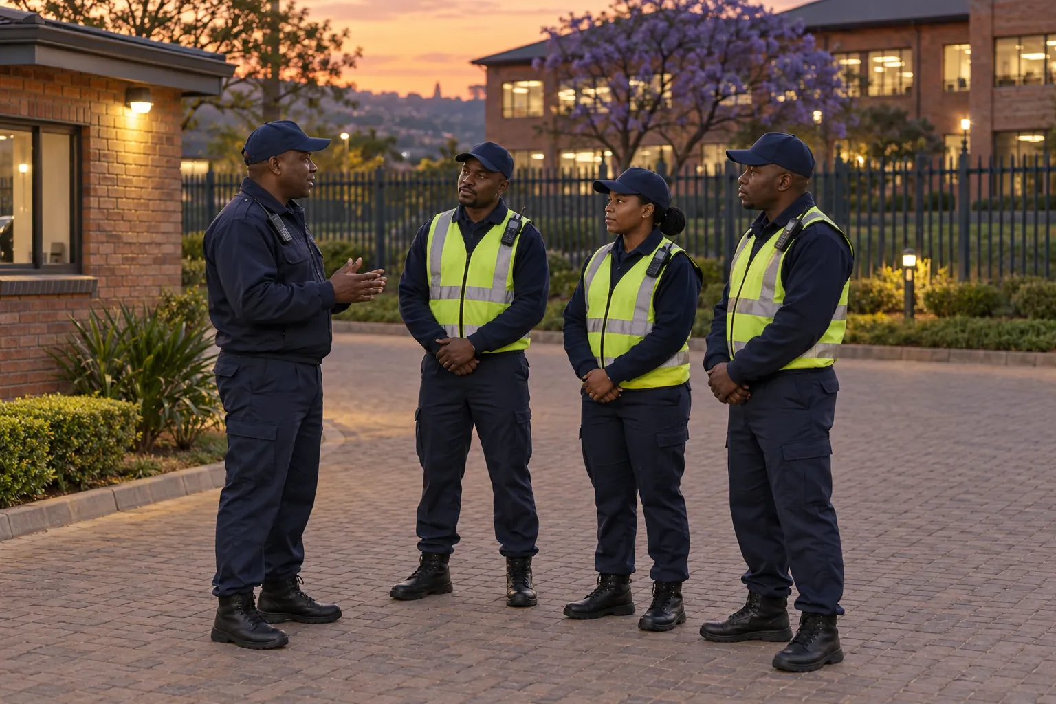A security supervisor briefing three officers in reflective vests beside a guardhouse at dusk.