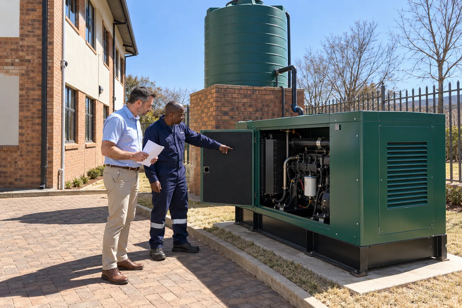 A caretaker in navy overalls showing a trustee a standby generator enclosure beside a water tank behind an office block.