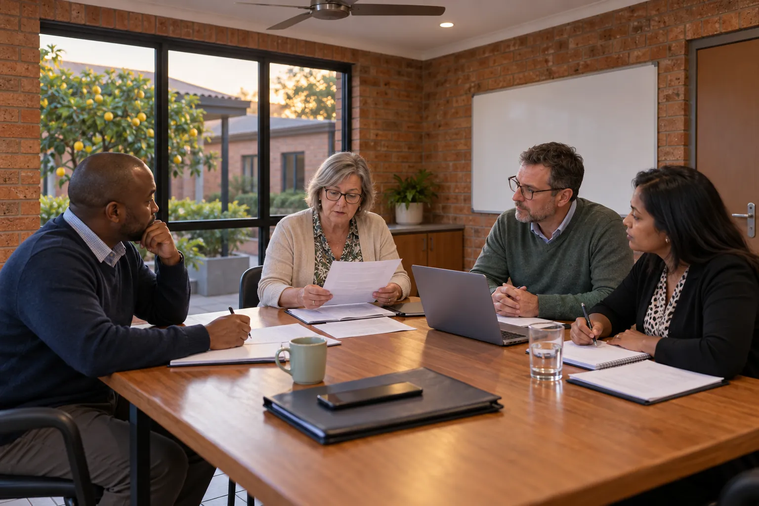 Four trustees in a small clubhouse meeting room, one reading from an agenda while the others take notes.