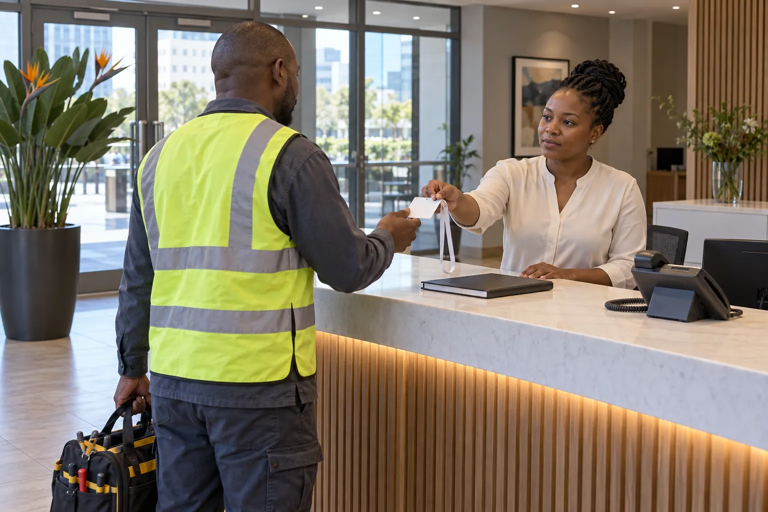 A receptionist handing a visitor's card on a lanyard to a contractor in a hi-vis vest across a foyer counter.