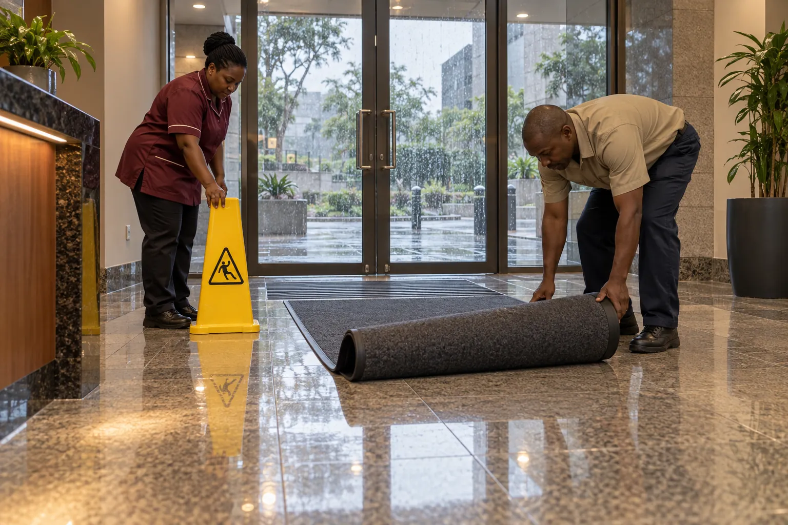 A caretaker unrolling an entrance mat across a tiled office foyer while a cleaner places a yellow wet floor cone, with rain on the glass doors behind them.