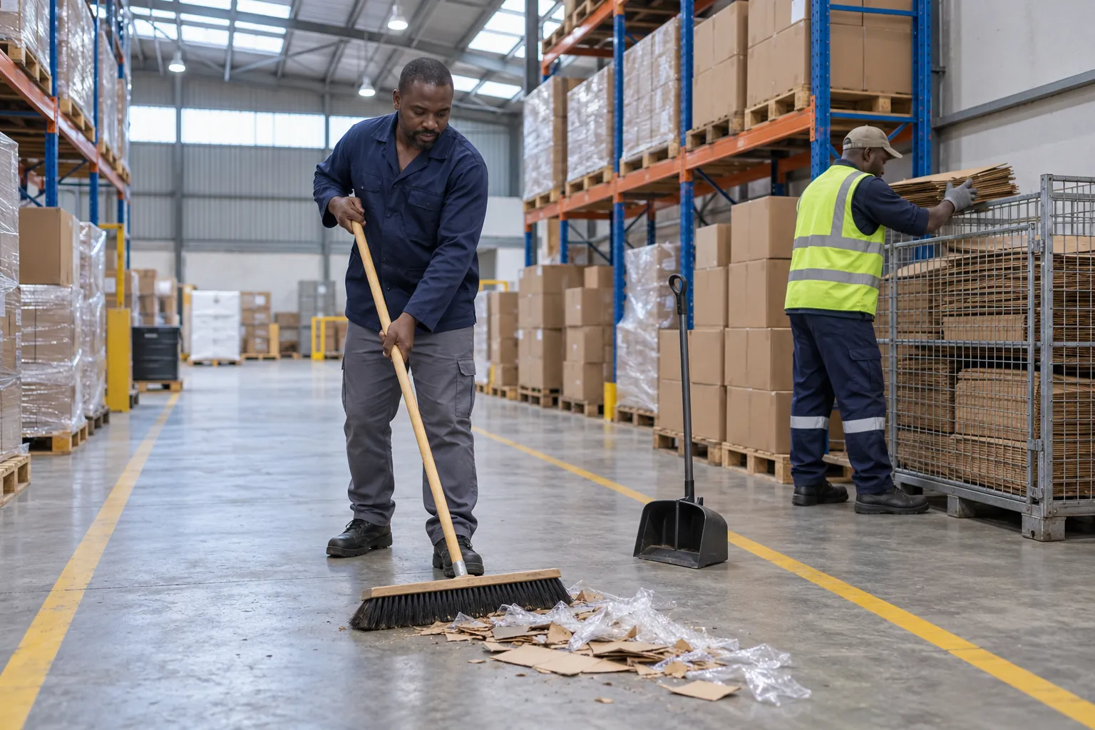 A stores assistant sweeping cardboard offcuts along a marked walkway with a push broom while a colleague in a high-visibility vest stacks flattened boxes in a steel cage in a warehouse.