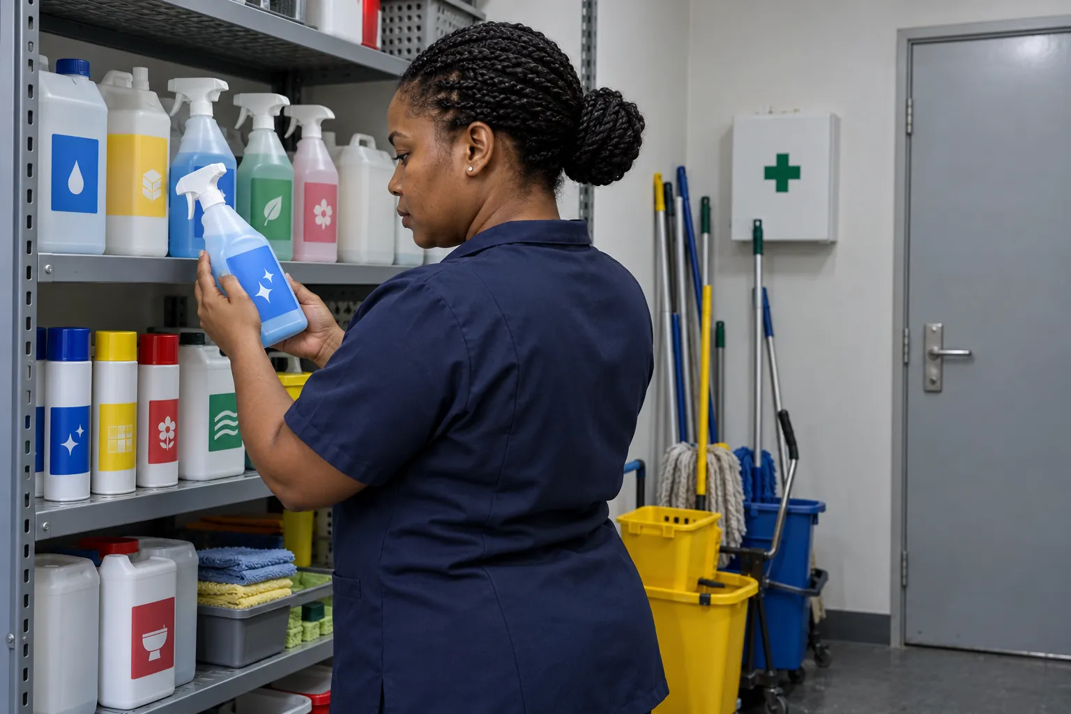 A cleaning supervisor checking the labels on bottles on a shelf in a cleaners' storeroom.