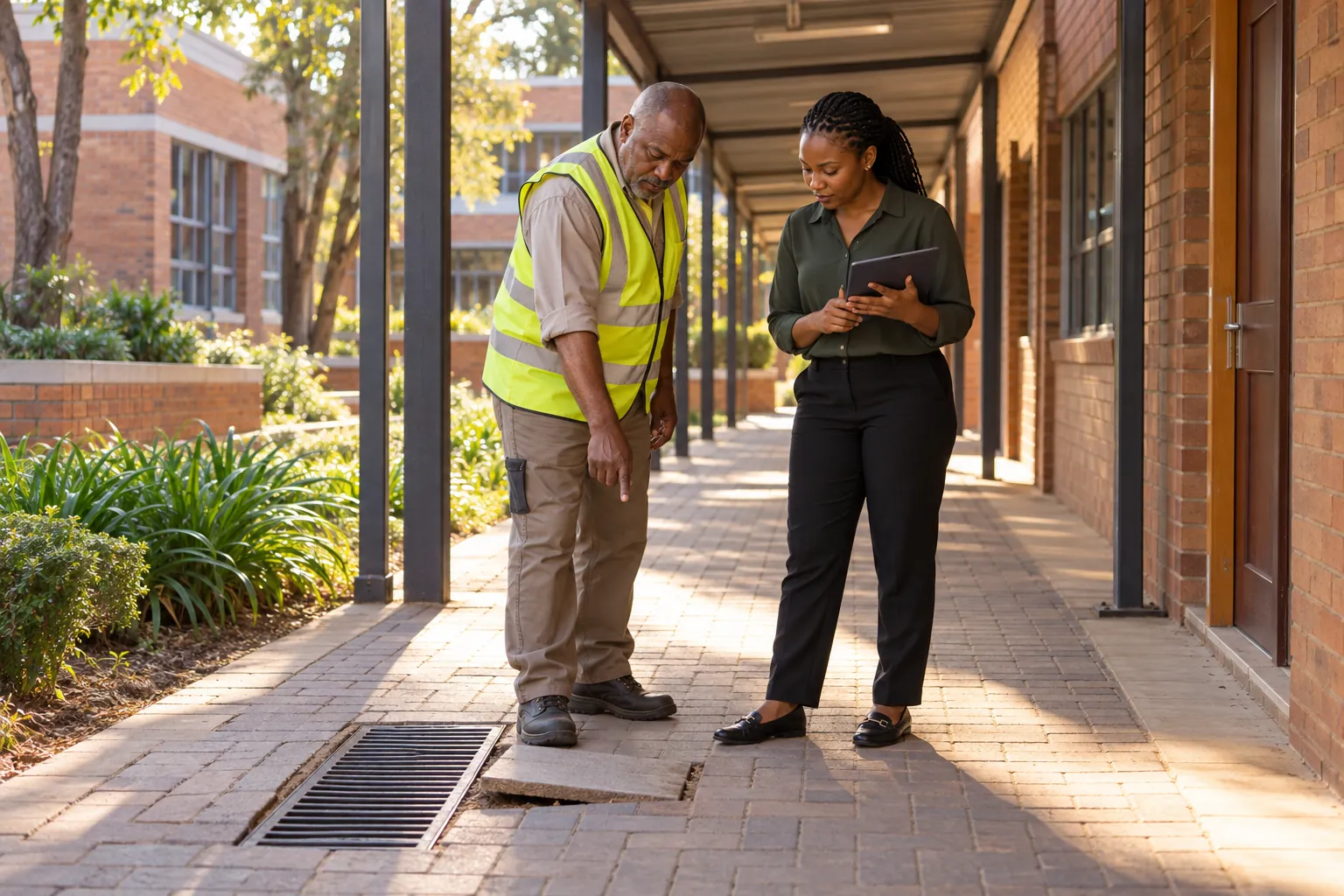 A safety officer pointing out a lifted paving slab to a colleague with a tablet on a covered campus walkway.