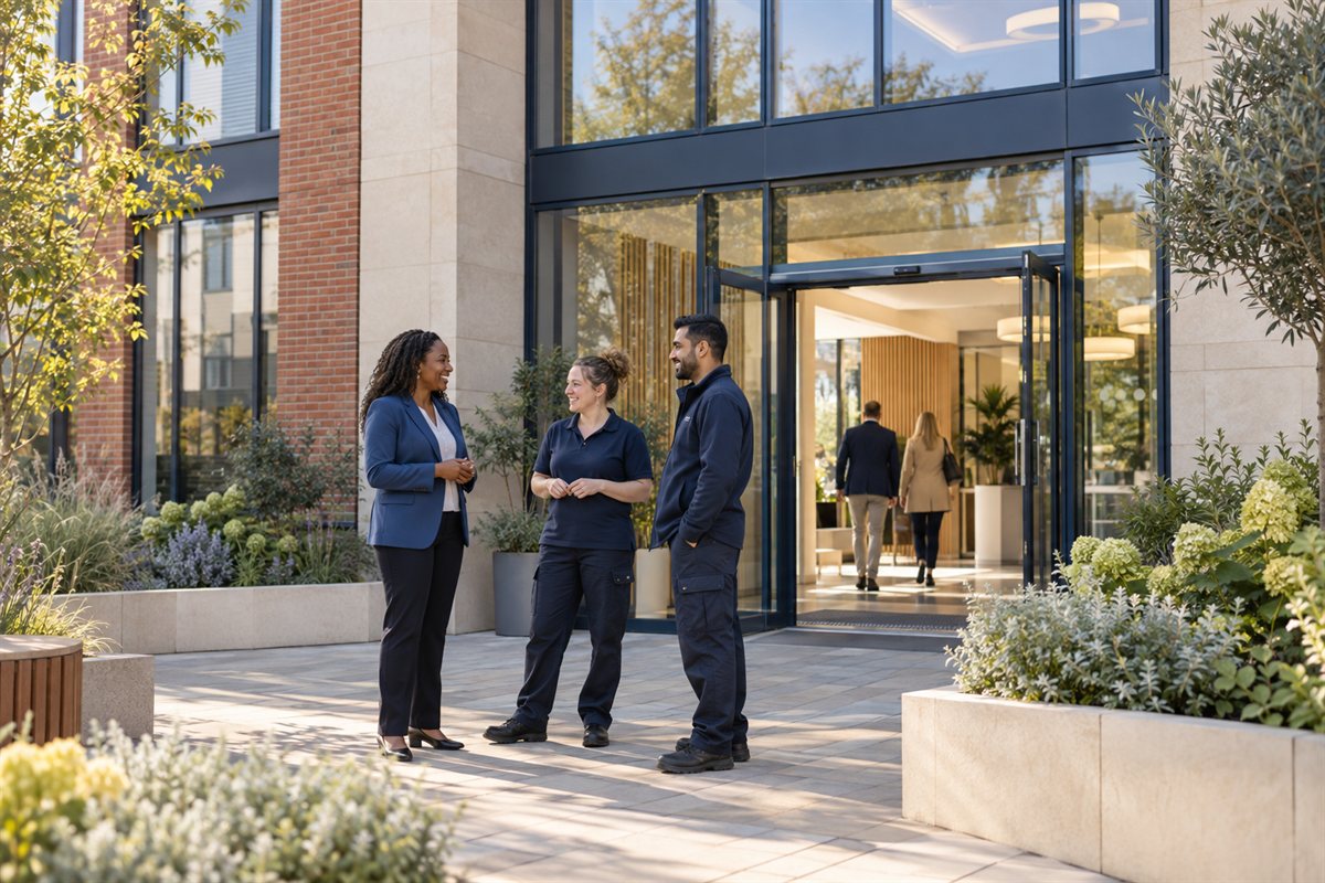 A building manager and colleagues outside a welcoming shared building.