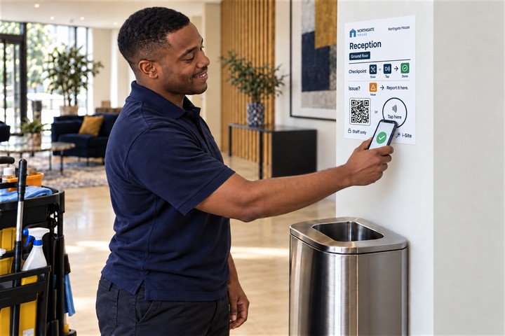 A cleaner taps a phone on the same poster's circle to record the job as done.