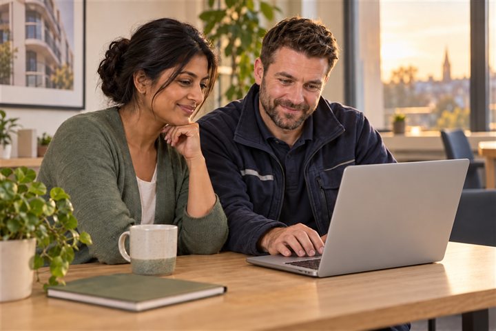 A building manager and contractor review a daily update together.