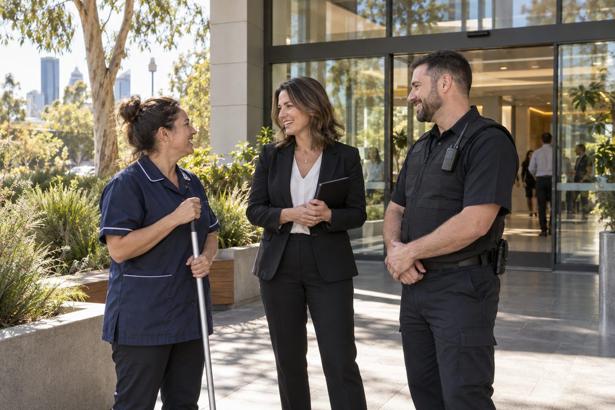 A building manager and colleagues outside a welcoming shared building.