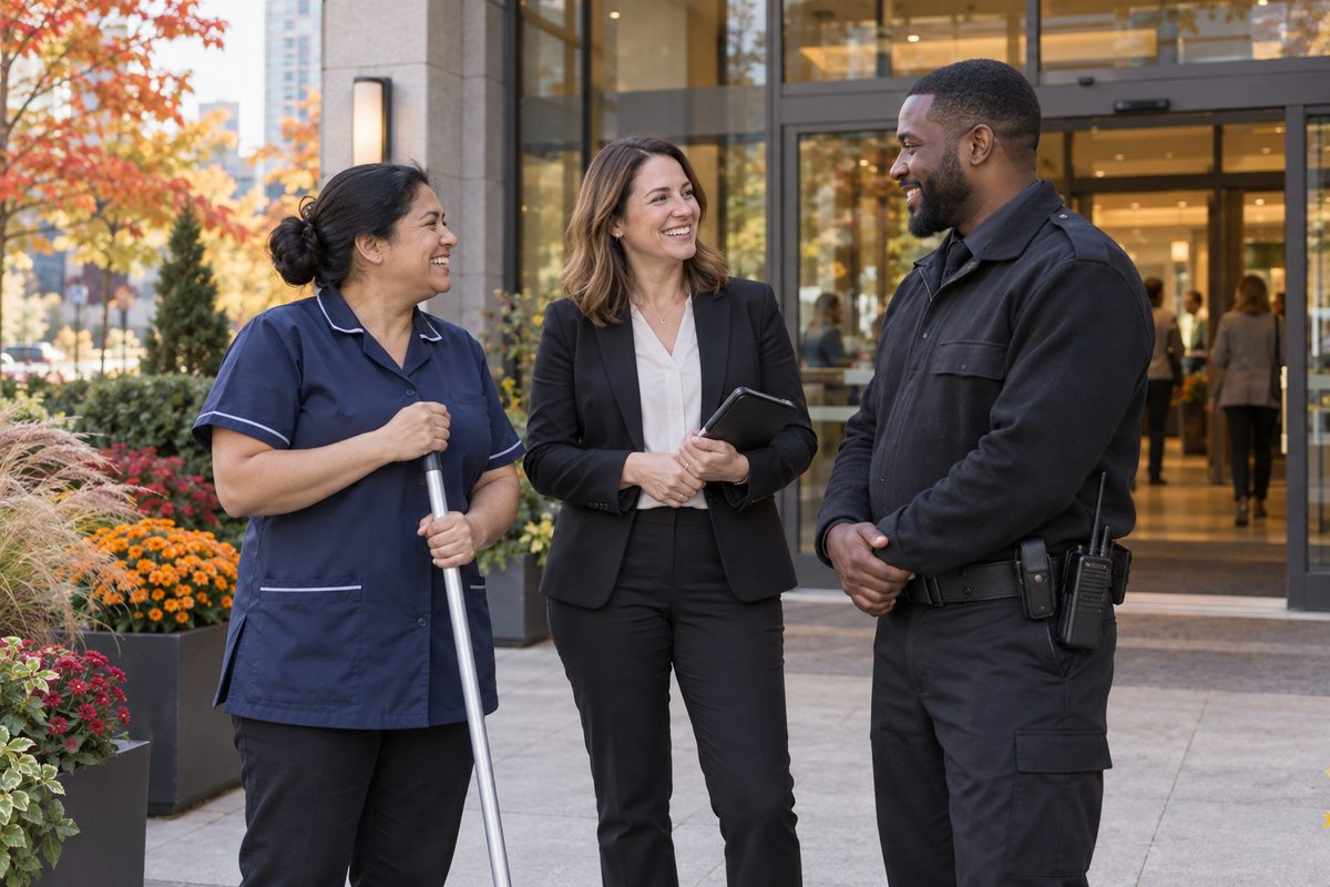 A building manager and colleagues outside a welcoming shared building.