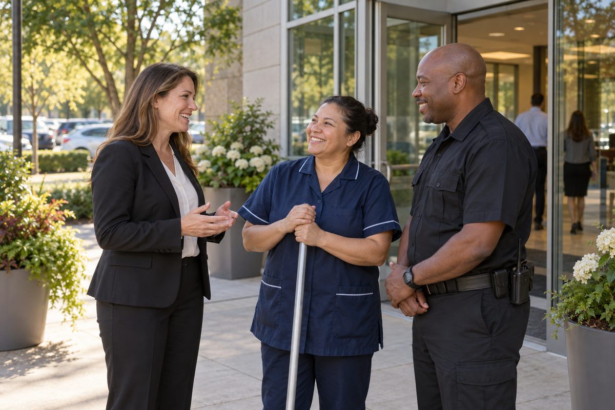 A building manager and colleagues outside a welcoming shared building.