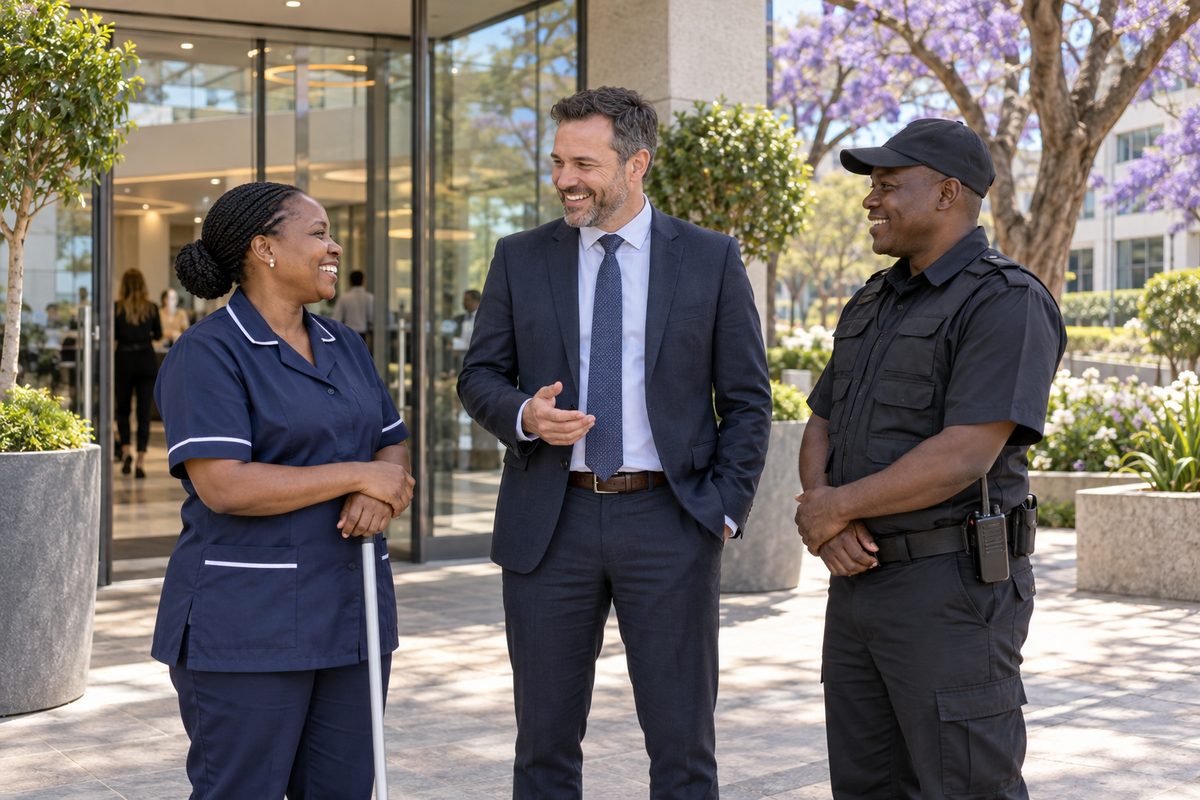 A building manager and colleagues outside a welcoming shared building.