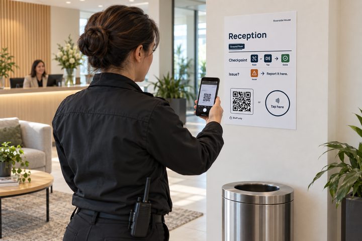 A security officer scans the QR code on a Staff only SiteClara poster in an office reception.