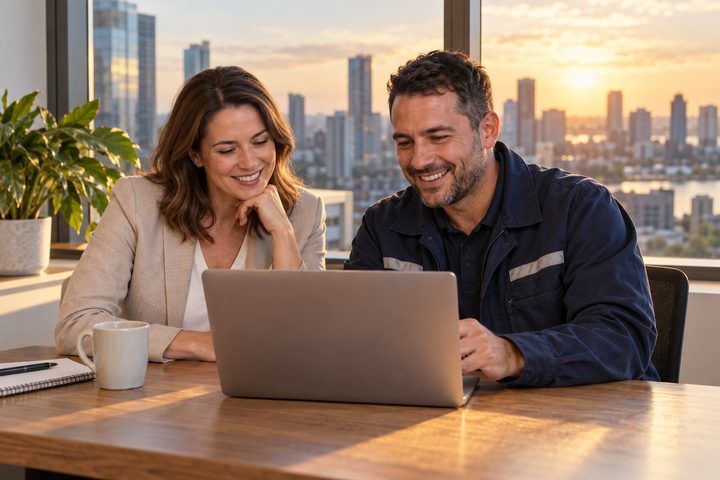 A building manager and contractor review a daily update together.