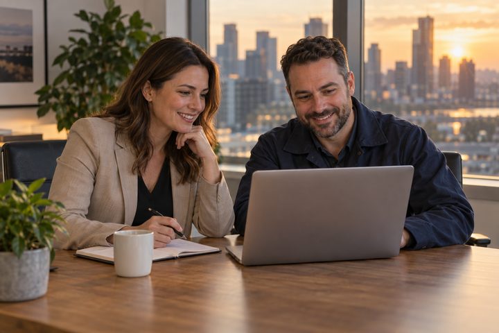 A building manager and contractor review a daily update together.