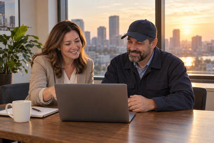 A building manager and contractor review a daily update together.