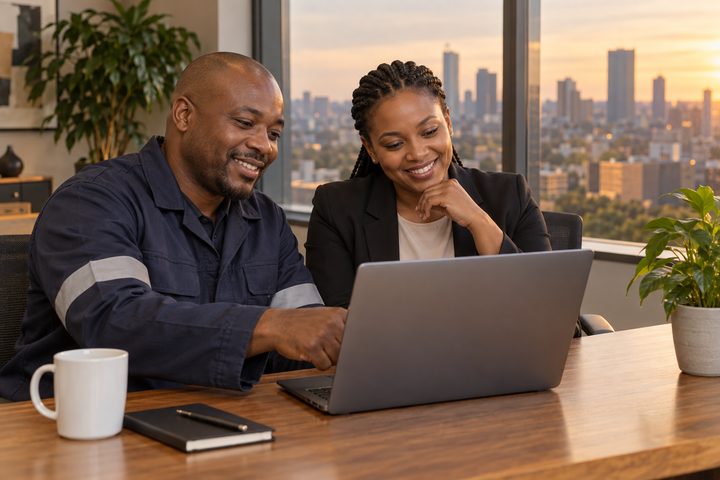A building manager and contractor review a daily update together.