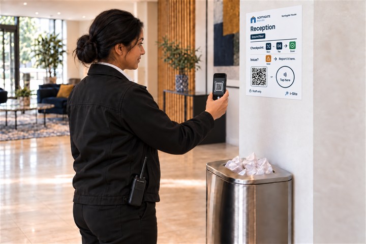 A security officer holds a phone back from a Staff only SiteClara poster to scan its QR code above a full bin.